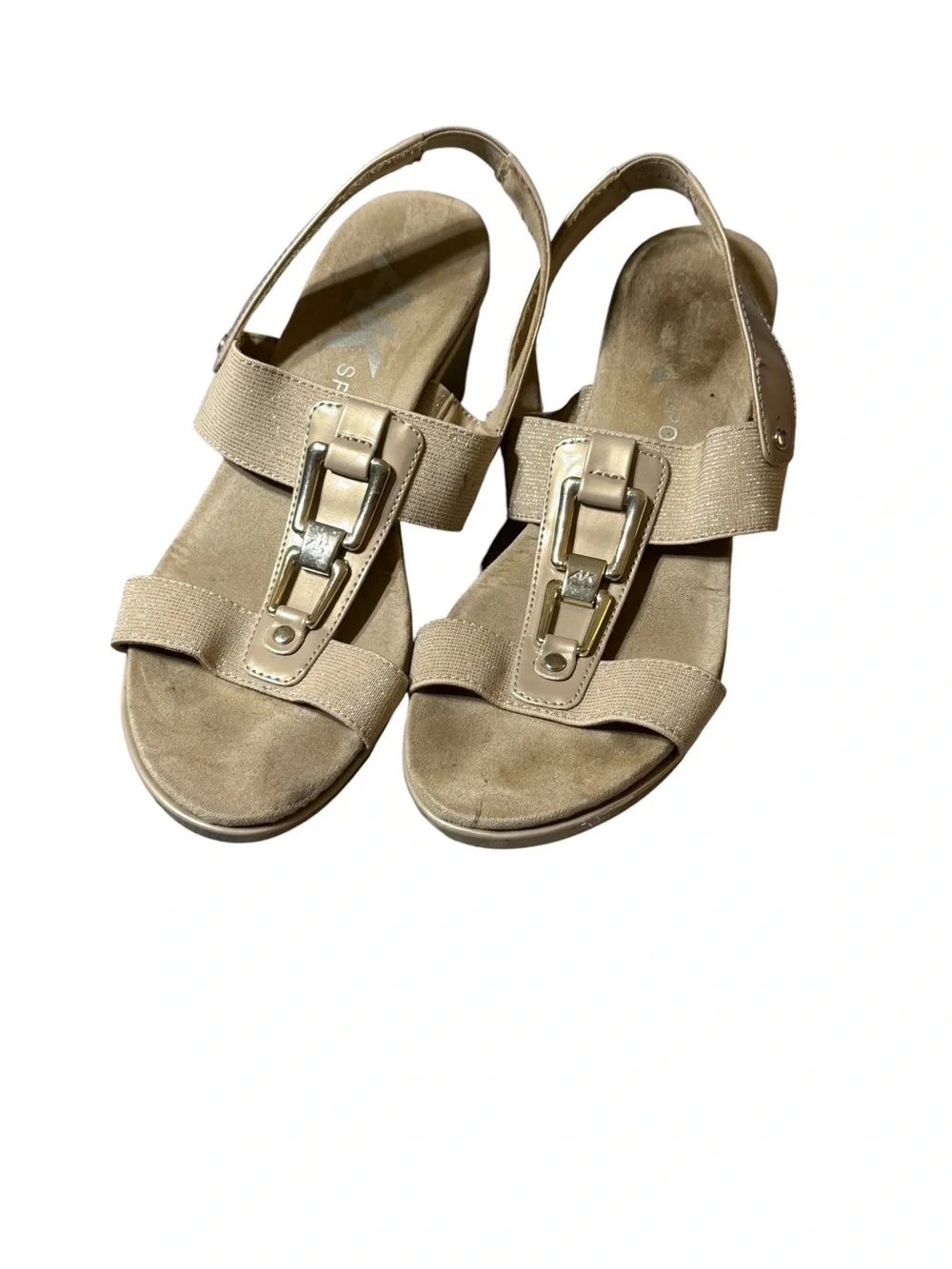 AK Anne Klein Sport Gold Wedge Sandals Elastic Comfort Strappy Shimmer 8M